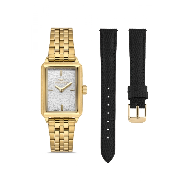 Ferro Gümüş Çelik ve Siyah Deri Kordon Hediyeli Kadın Kol Saati FL21626AWT-B