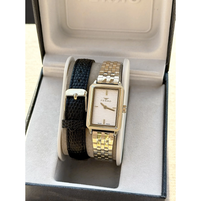 Ferro Gümüş Çelik ve Siyah Deri Kordon Hediyeli Kadın Kol Saati FL21626AWT-B