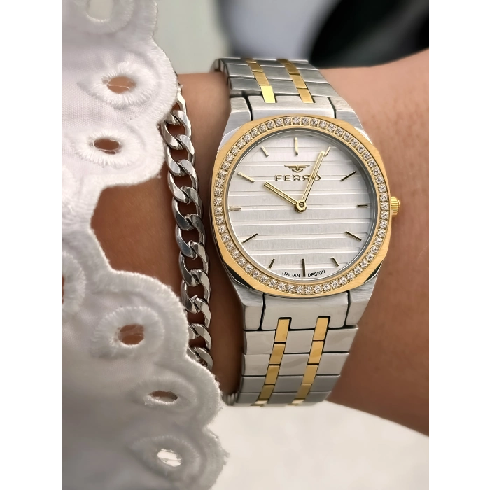 Ferro Gümüş ve Sarı Çelik Kordon Kadın Kol Saati FL43003A-D 3ATM Su Geçirmez 2 Yıl Garantili
