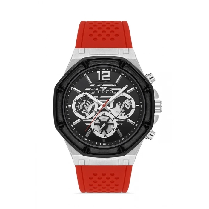 Ferro Kırmızı Çelik Kordon Erkek Kol Saati FM31398A-J8 Tüm Fonksiyonlar Aktif 3 ATM Su Geçirmez