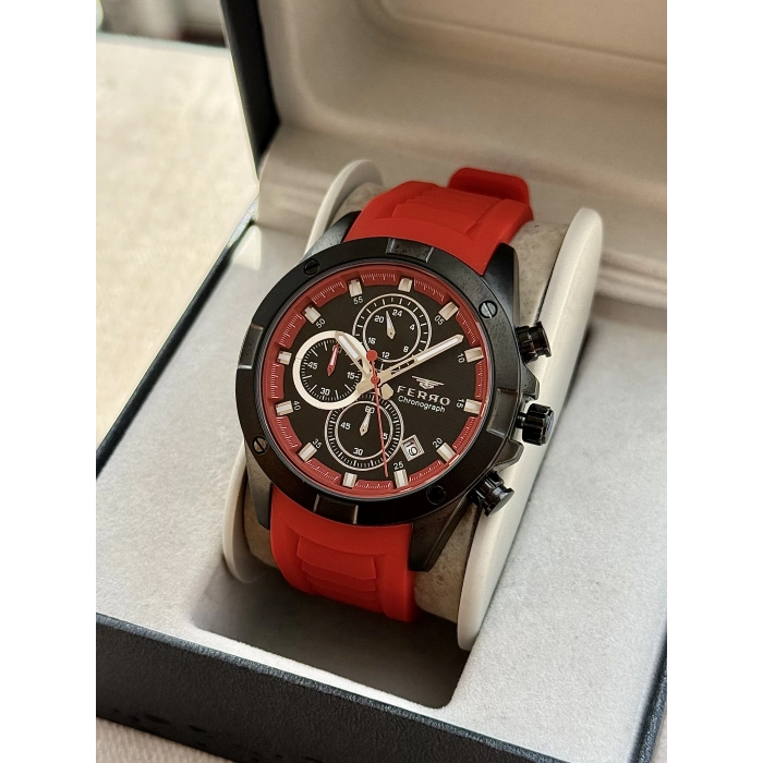 Ferro Kırmızı Silikon Kordon Erkek Kol Saati FM31363D-ZK Tüm Fonksiyonlar Aktif 3 ATM Su Geçirmez
