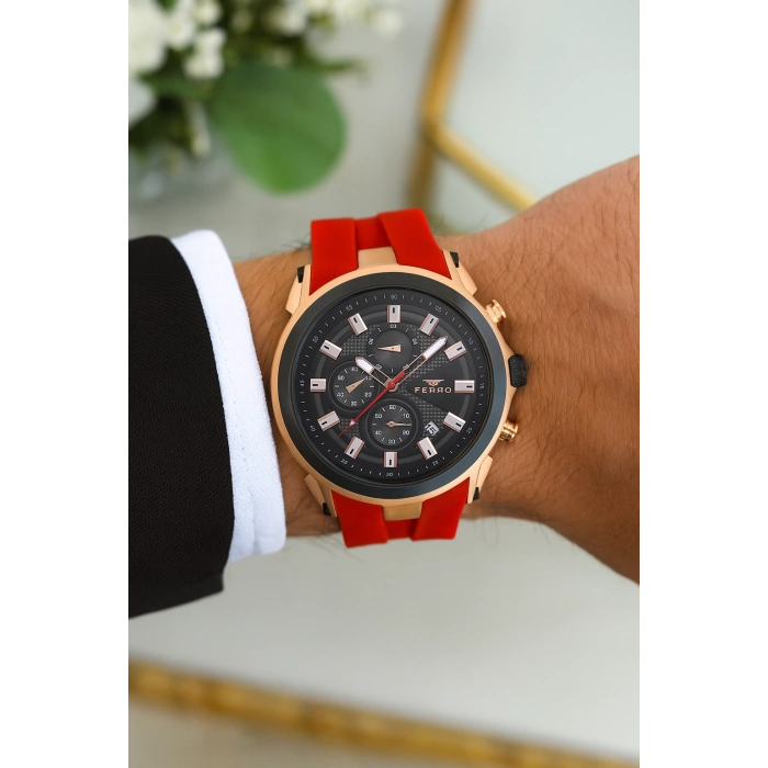 Ferro Kırmızı Silikon Kordon Erkek Kol Saati FM31402D-R4 Tüm Fonksiyonlar Aktif 3 ATM Su Geçirmez
