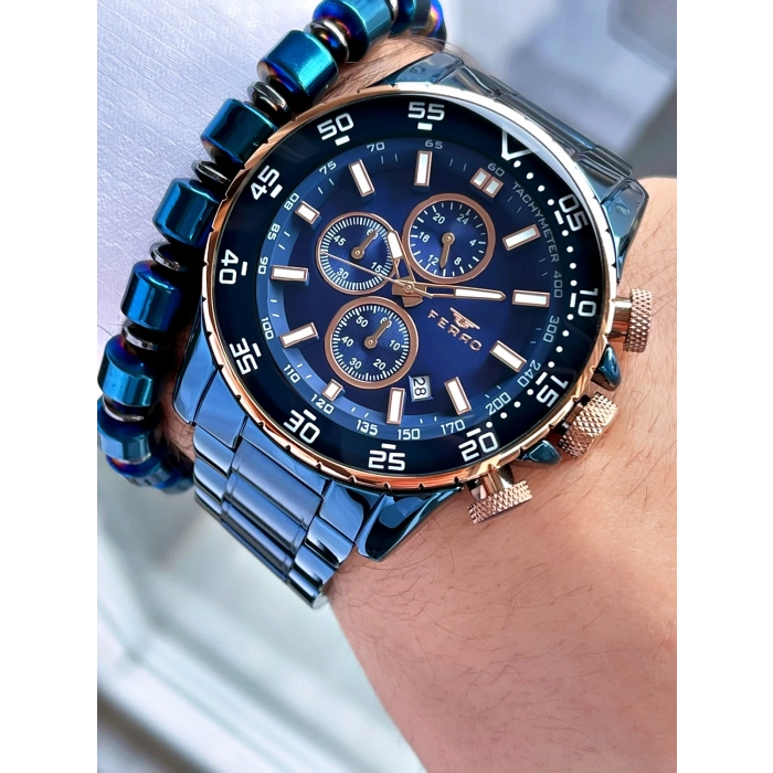 Ferro Navy Blue Steel Strap Mens Wristwatch FM1542A-T