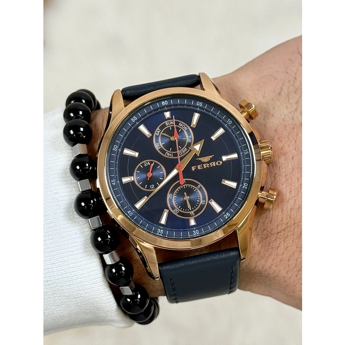 Ferro Navy Blue Leather Band Mens Wristwatch FM11105B-T