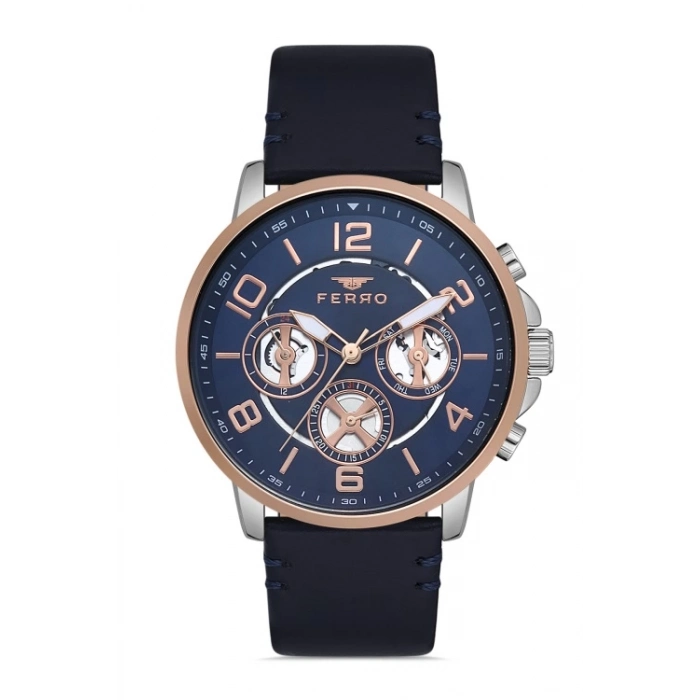Ferro Lacivert Deri Kordon Erkek Kol Saati FM11146B-E3 Fonksiyonları Aktif 3ATM SuGeçirmez