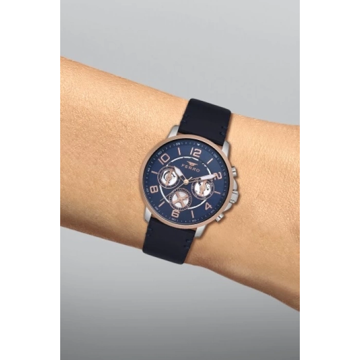 Ferro Lacivert Deri Kordon Erkek Kol Saati FM11146B-E3 Fonksiyonları Aktif 3ATM SuGeçirmez