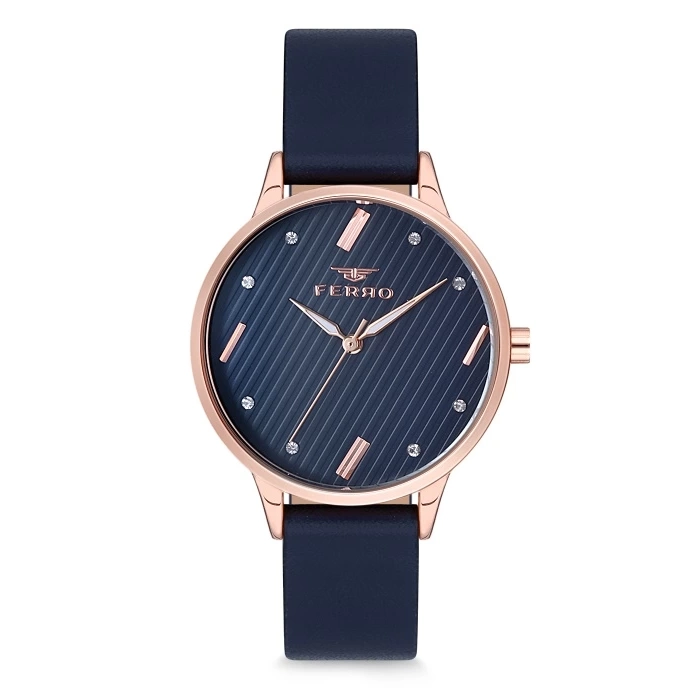 Ferro Navy Blue Leather Band Womens Wristwatch F1927B-963-T