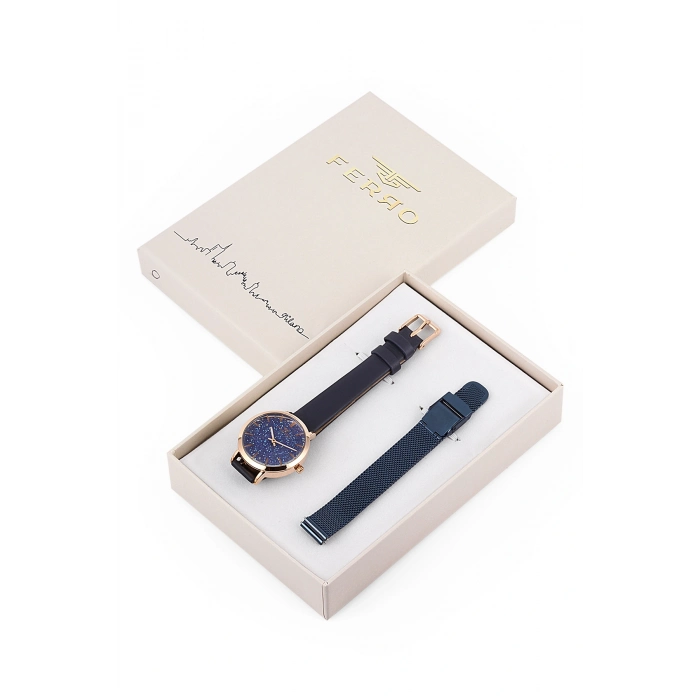 Ferro Navy Blue Leather Band Womens Wristwatch F21195B-T