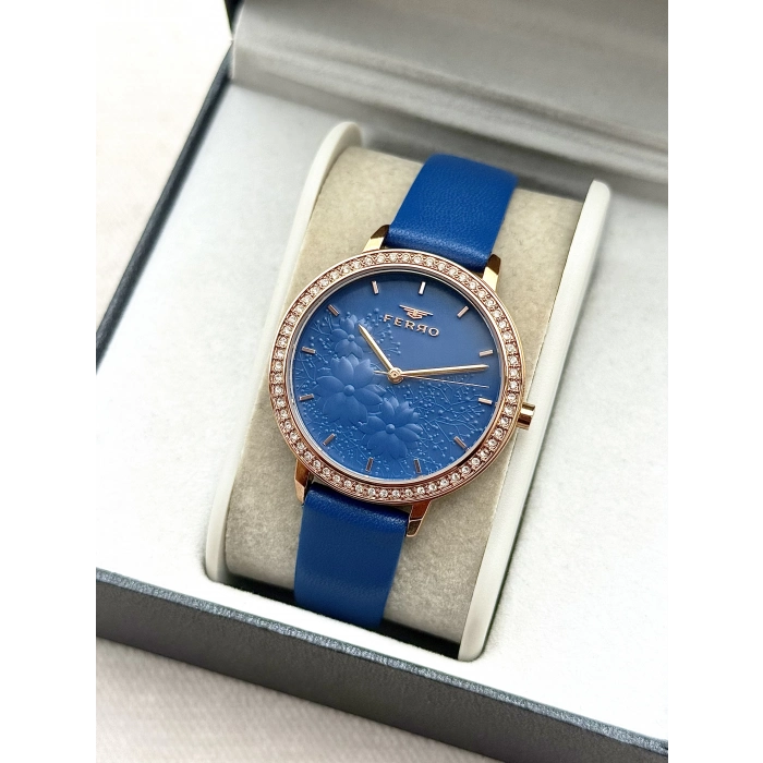 Ferro Lacivert Deri Kordon Kadın Kol Saati FL21242B-T 3ATM Su Geçirmez 2 Yıl Garantili HediyePaketli
