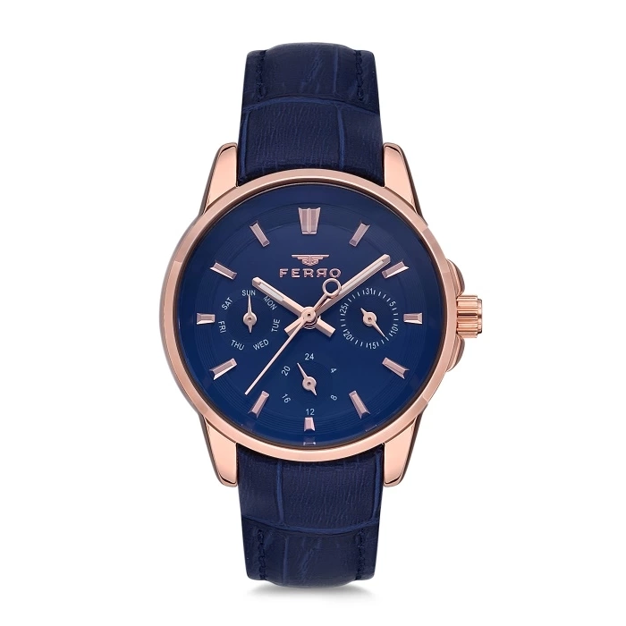 Ferro Navy Blue Leather Band Womens Wristwatch FM1905B-965-T