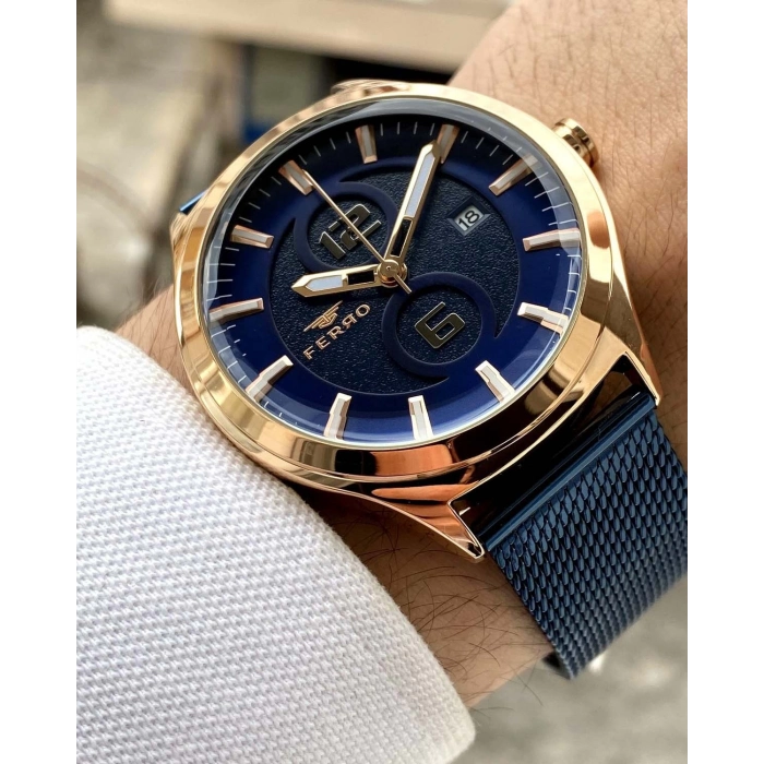 Ferro Lacivert Hasır Kordon Erkek Kol Saati F11090C-T 3ATM Su Geçirmez 2Yıl Garantili  HediyePaketli