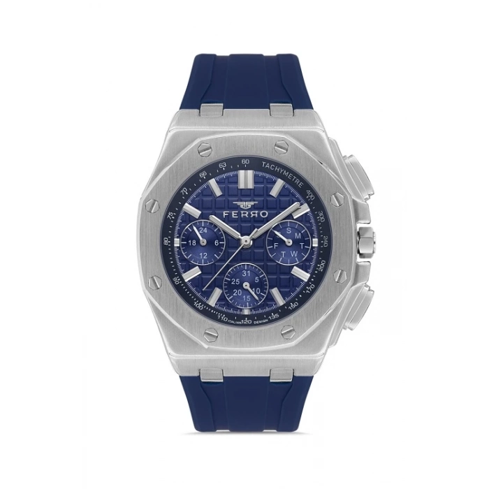 Ferro Lacivert Silikon Kordon Erkek Kol Saati FM43001D-L Tüm Fonksiyonlar Aktif 3 ATM Su Geçirmez