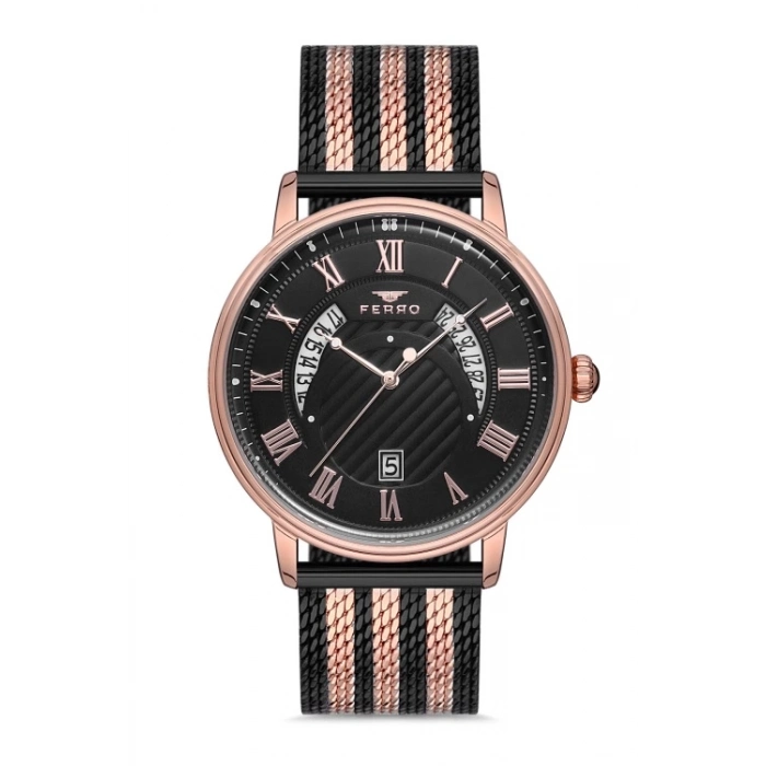 Ferro Black and Rose Mesh Strap Mens Wristwatch F11050C-1117-R2