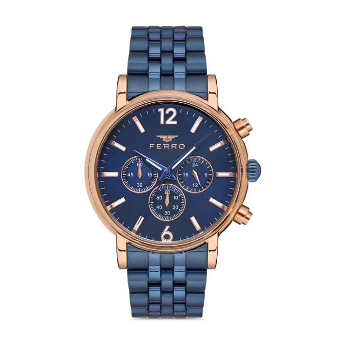 Ferro Lacivert Gümüş Çelik kordon Erkek Kol Saati FM3888A-T Tüm Fonksiyonlar Aktif 3 ATM Su Geçirmez