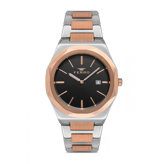 Ferro Rose ve Gümüş Çelik Kordon Erkek Kol Saati F40092A-E 3ATM Su Geçirmez 2 Yıl Garantili