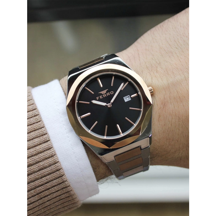 Ferro Rose ve Gümüş Çelik Kordon Erkek Kol Saati F40092A-E 3ATM Su Geçirmez 2 Yıl Garantili