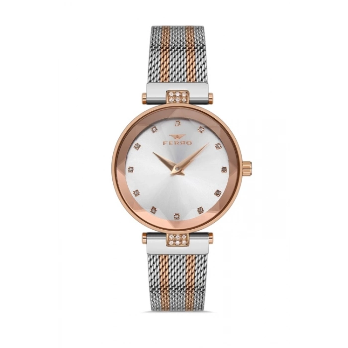 Ferro Rose ve Gümüş Hasır Kordon Kadın Kol Saati FL21297C-E 3ATM Su Geçirmez 2 Yıl Garantili