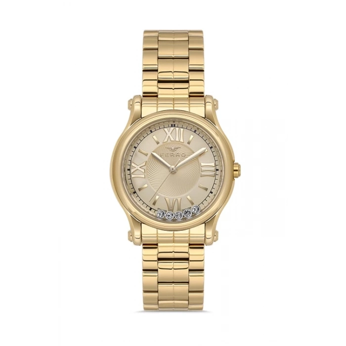 Ferro Sarı Çelik Kordon kadın Kol Saati FL21478AWT-B4 3ATM Su Geçirmez 2 Yıl Garantili HediyePaketli