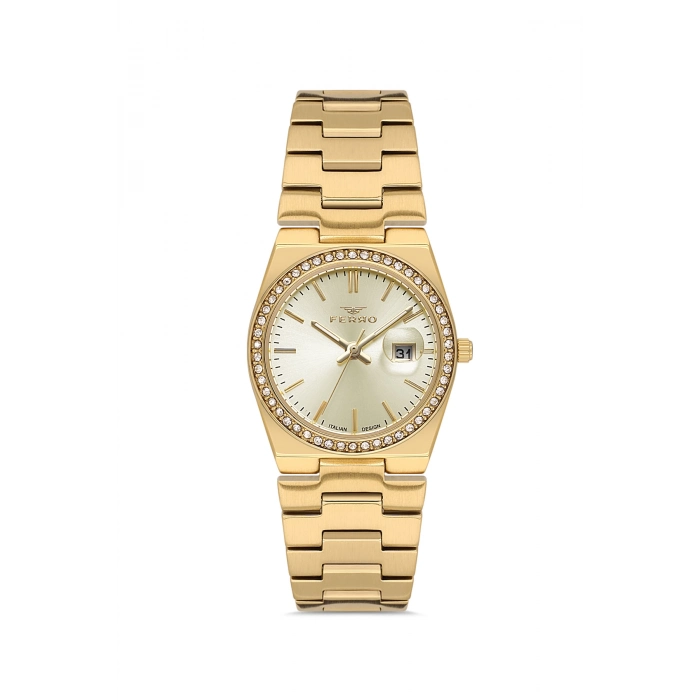 Ferro Sarı Çelik Kordon Kadın Kol Saati FL21596AWT-B4 3ATM Su Geçirmez 2 Yıl Garantili HediyePaketli