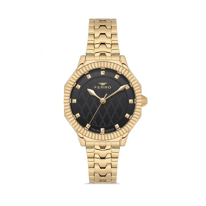 Ferro Sarı Çelik Kordon Kadın kol Saati FL21632AWT-B2 3ATM Su Geçirmez 2 Yıl Garantili HediyePaket