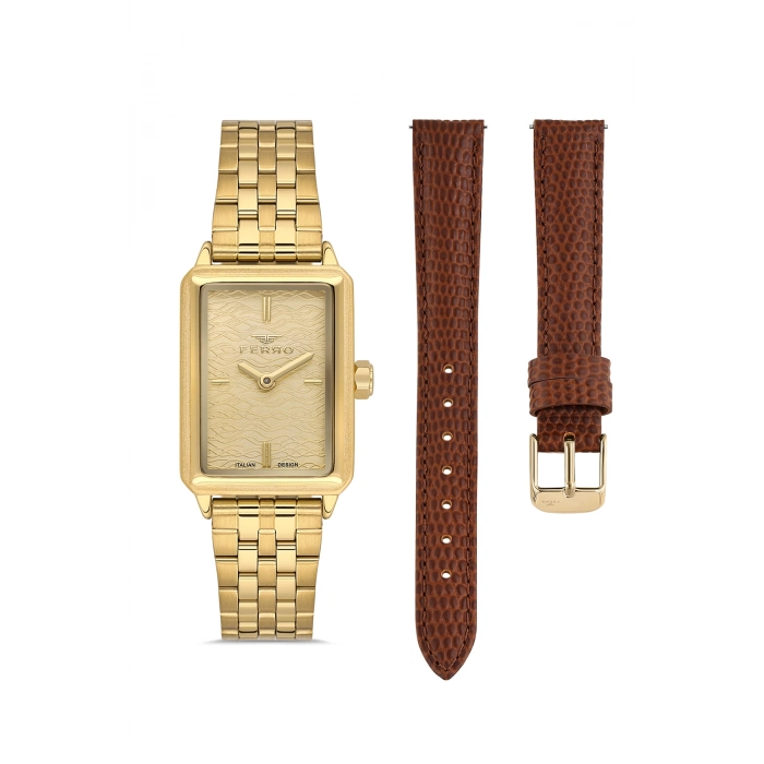 Ferro Sarı Çelik ve Bordo Deri Kordon Hediyeli Kadın Kol Saati FL21626AWT-B4