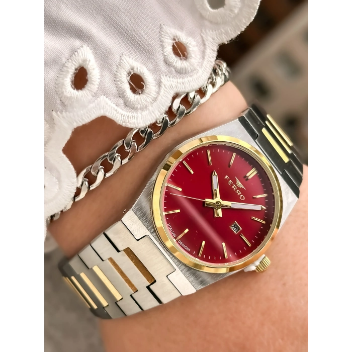 Ferro Sarı ve Gümüş Çelik Kordon Kadın Kol Saati FL21495A-D8 3ATM Su Geçirmez 2 Yıl Garantili