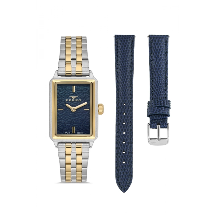 Ferro Sarı ve Gümüş Çelik ve Lacivert Deri Kordon Hediyeli Kadın Kol Saati FL21626AWT-D3