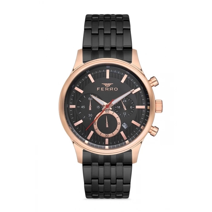 Ferro Siyah Çelik Kordon Erkek Kol Saati FM40089A-04 Tüm Fonksiyonlar Aktif 3 ATM Su Geçirmez