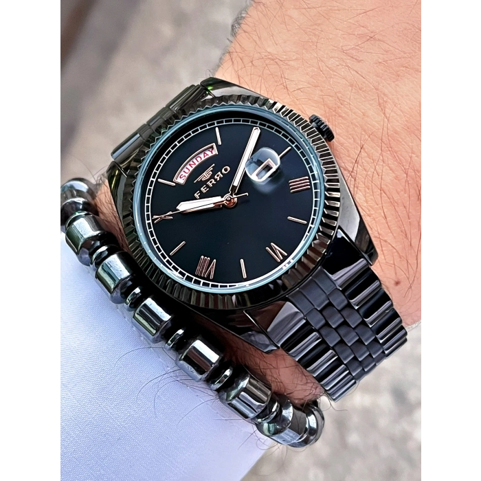 Ferro Siyah Çelik Kordon Erkek Kol Saati F11130AWT-G 3 ATM Su Geçirmez 2 Yıl Garantili HediyePaketli