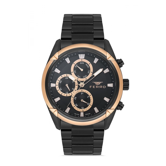 Ferro Siyah Çelik Kordon Erkek Kol Saati FM11388A-R2 Fonksiyonları Aktif 3ATM Su Geçirmez