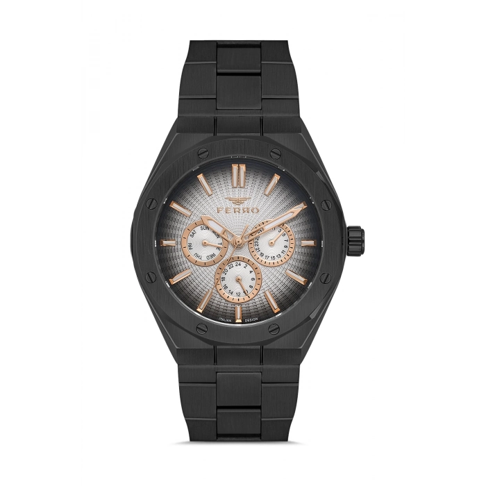 Ferro Siyah Çelik Kordon Erkek Kol Saati FM11537AWT-G Fonksiyonları Aktif 3ATM Su Geçirmez