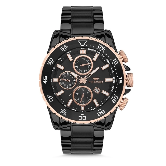 Ferro Siyah Çelik Kordon Erkek Kol Saati FM1542A-R Tüm Fonksiyonları Aktif 3 ATM Su Geçirmez