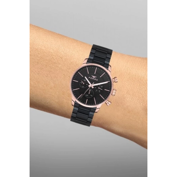 Ferro Siyah Çelik Kordon Erkek Kol Saati FM1774A-R Tüm Fonksiyonları Aktif 3 ATM Su Geçirmez