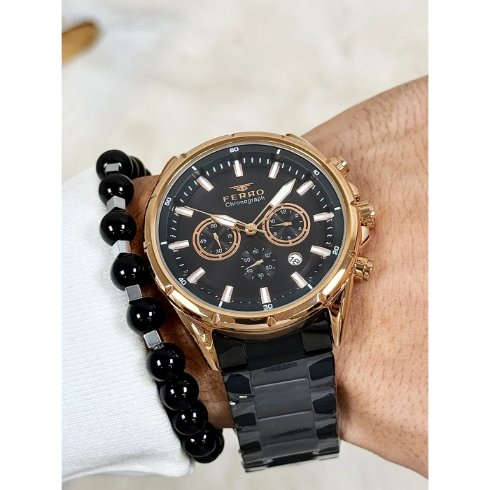 Ferro Siyah Çelik Kordon Erkek Kol Saati FM31291A-R Tüm Fonksiyonları Aktif 3 ATM Su Geçirmez