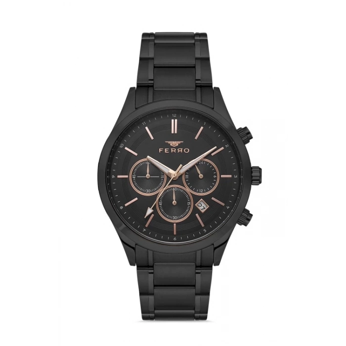 Ferro Siyah Çelik Kordon Erkek Kol Saati FM31371A-G Tüm Fonksiyonlar Aktif 3 ATM Su Geçirmez