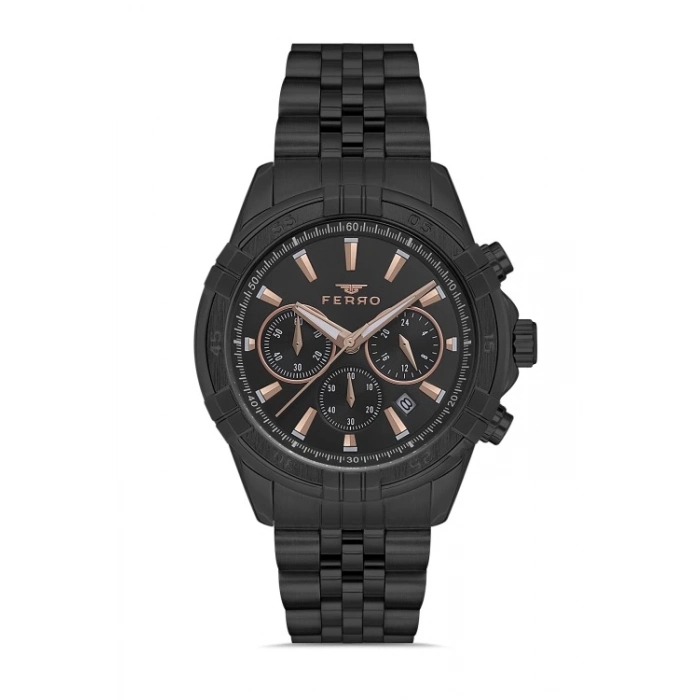 Ferro Siyah Çelik Kordon Erkek Kol Saati FM31389A-G Tüm Fonksiyonlar Aktif 3 ATM Su Geçirmez