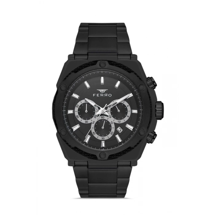 Ferro Siyah Çelik Kordon Erkek Kol Saati FM31397A-G Tüm Fonksiyonlar Aktif 3 ATM Su Geçirmez