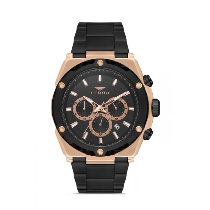 Ferro Siyah Çelik Kordon Erkek Kol Saati FM31397A-R Tüm Fonksiyonlar Aktif 3 ATM Su Geçirmez