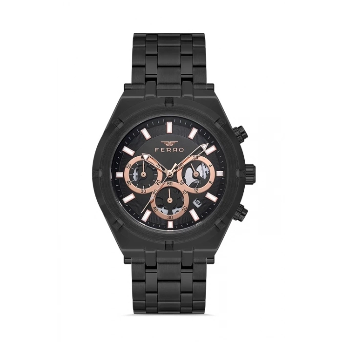 Ferro Siyah Çelik Kordon Erkek Kol Saati FM31439A-G Tüm Fonksiyonlar Aktif 3 ATM Su Geçirmez