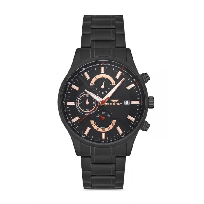 Ferro Siyah Çelik Kordon Erkek Kol Saati FM31915A-G Tüm Fonksiyonlar Aktif 3 ATM Su Geçirmez