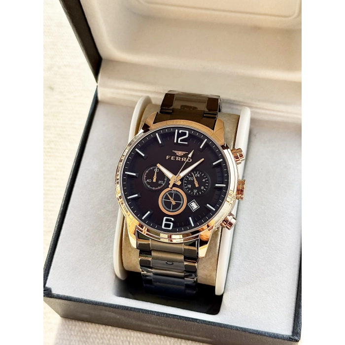 Ferro Siyah Çelik Kordon Erkek Kol Saati FM31916A-R Tüm Fonksiyonlar Aktif 3 ATM Su Geçirmez