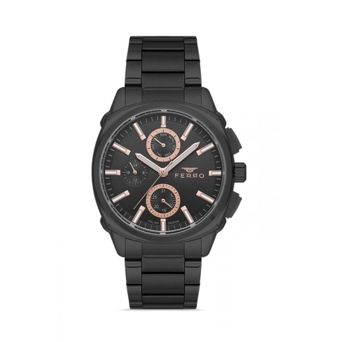 Ferro Siyah Çelik Kordon Erkek Kol Saati FM40126A-G Tüm Fonksiyonlar Aktif 3 ATM Su Geçirmez