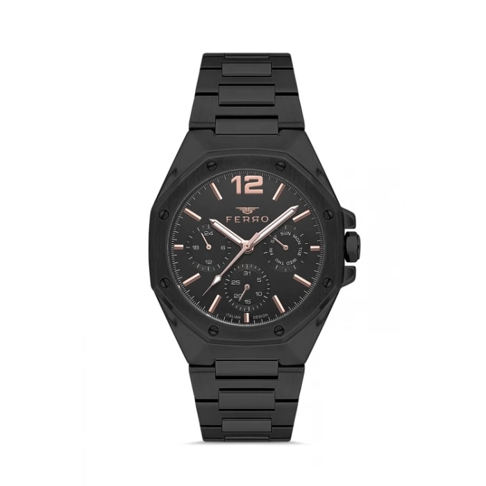 Ferro Siyah Çelik Kordon Erkek Kol Saati FM40127A-G Tüm Fonksiyonlar Aktif 3 ATM Su Geçirmez