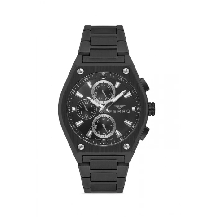 Ferro Siyah Çelik Kordon Erkek Kol Saati FM40132A-G Tüm Fonksiyonlar Aktif 3 ATM Su Geçirmez