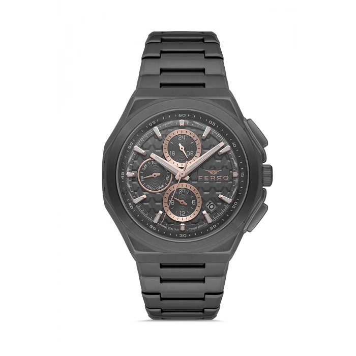 Ferro Siyah Çelik Kordon Erkek Kol Saati FM43024A-V Tüm Fonksiyonlar Aktif 3ATM Su Geçirmez