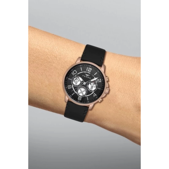 Ferro Siyah Deri Kordon Erkek Kol Saati FM11146B-R Fonksiyonları Aktif 3ATM SuGeçirmez HediyePaketli