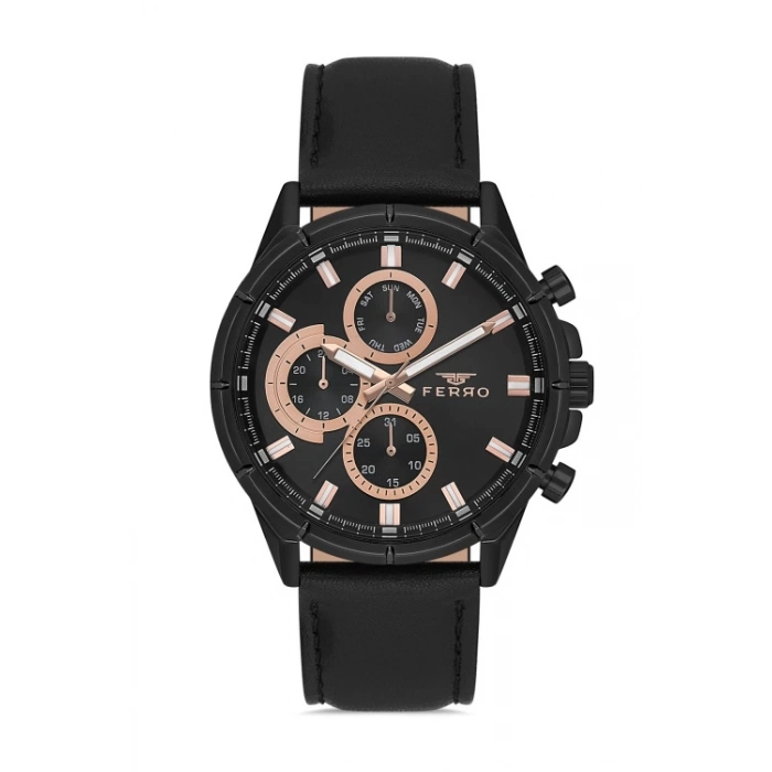 Ferro Siyah Deri Kordon Erkek Kol Saati FM11461B-G Fonksiyonları Aktif 3ATM Su Geçirmez HediyePaket