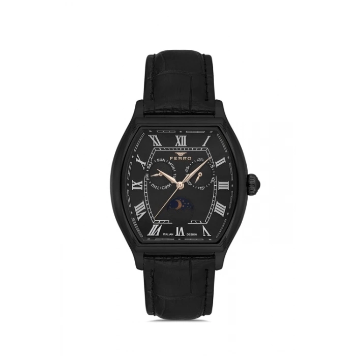 Ferro Siyah Deri Kordon Erkek Kol Saati FM40125B-G Tüm Fonksiyonlar Aktif 3 ATM Su Geçirmez