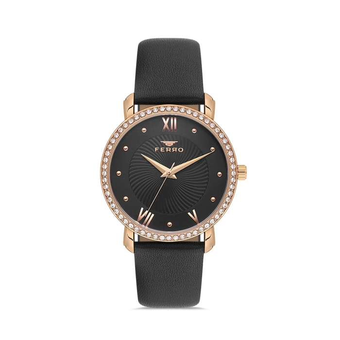 Ferro Siyah Deri Kordon Kadın Kol Saati FL21264B-R 3ATM Su Geçirmez 2 Yıl Garantili Hediye Paketli
