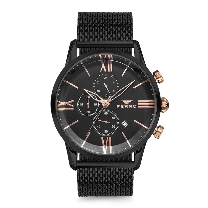 Ferro Siyah Hasır Kordon Erkek Kol Saati FM1536C-G Tüm Fonksiyonları Aktif 3 ATM Su Geçirmez